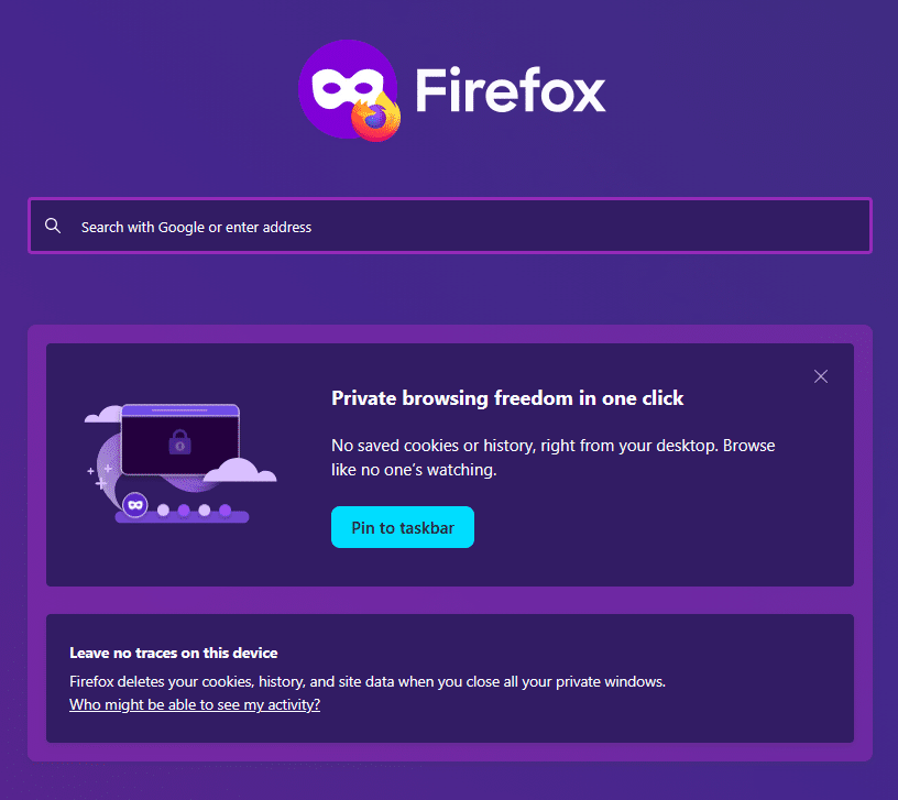 Firefox privat browsing-startside med lilla tema og information om at surfe uden at gemme historik og cookies