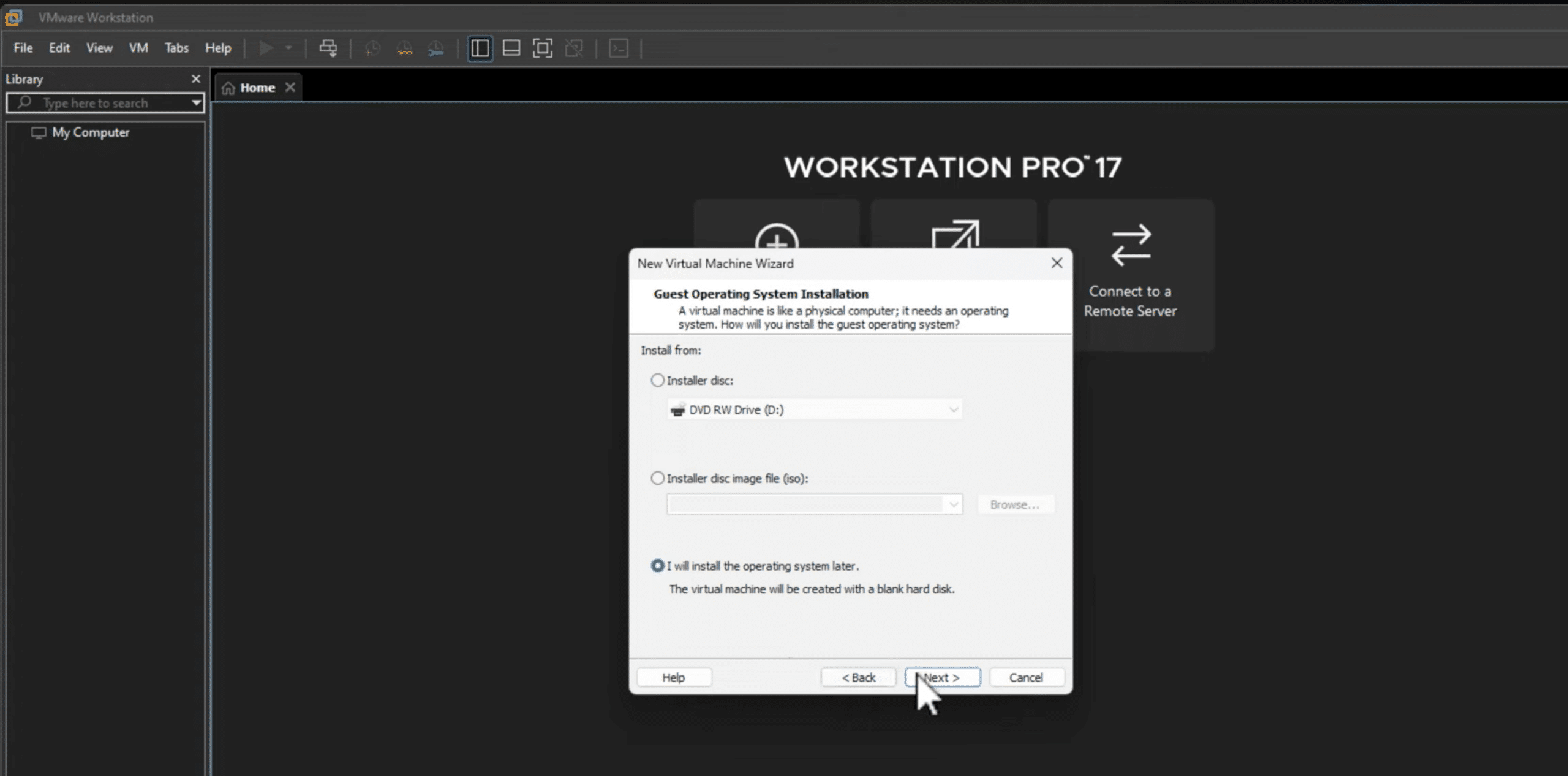 VMware Workstation Pro 17 with the New Virtual Machine wizard, where the user selects the installation method for the guest operating system via ISO file, DVD drive, or later installation.