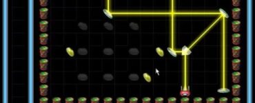 Skærmbillede fra Aargon Deluxe, hvor spilleren løser en laser-gåde ved at bøje gule lysstråler med spejle og farvefiltre for at ramme målene på banen.