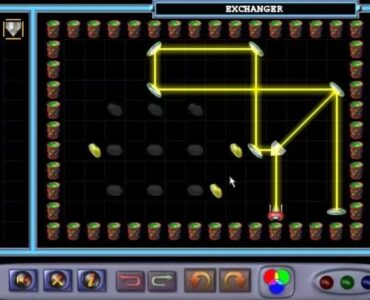 Skærmbillede fra Aargon Deluxe, hvor spilleren løser en laser-gåde ved at bøje gule lysstråler med spejle og farvefiltre for at ramme målene på banen.