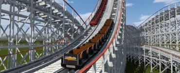 NoLimits 2 Rollercoaster Simulation med realistisk træ-rutchebane og vogne på stejlt fald, gengivet i detaljeret 3D-grafik