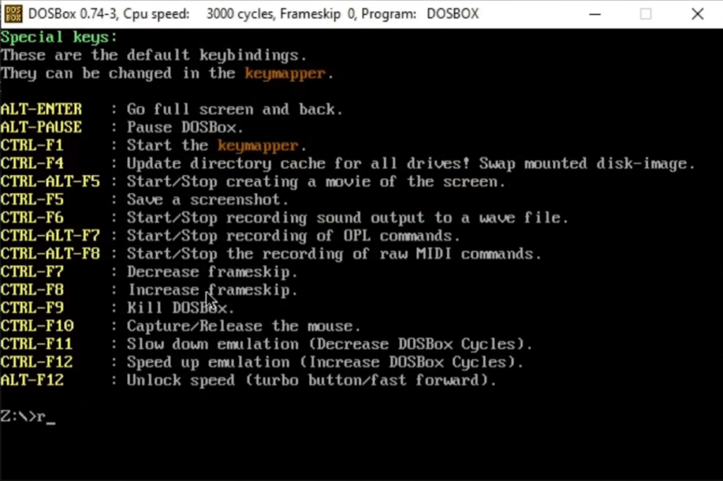 DOSBox shows a list of shortcuts, including full screen, screenshots, keymapper, and adjusting speed (cycles) with Ctrl+F11/Ctrl+F12.