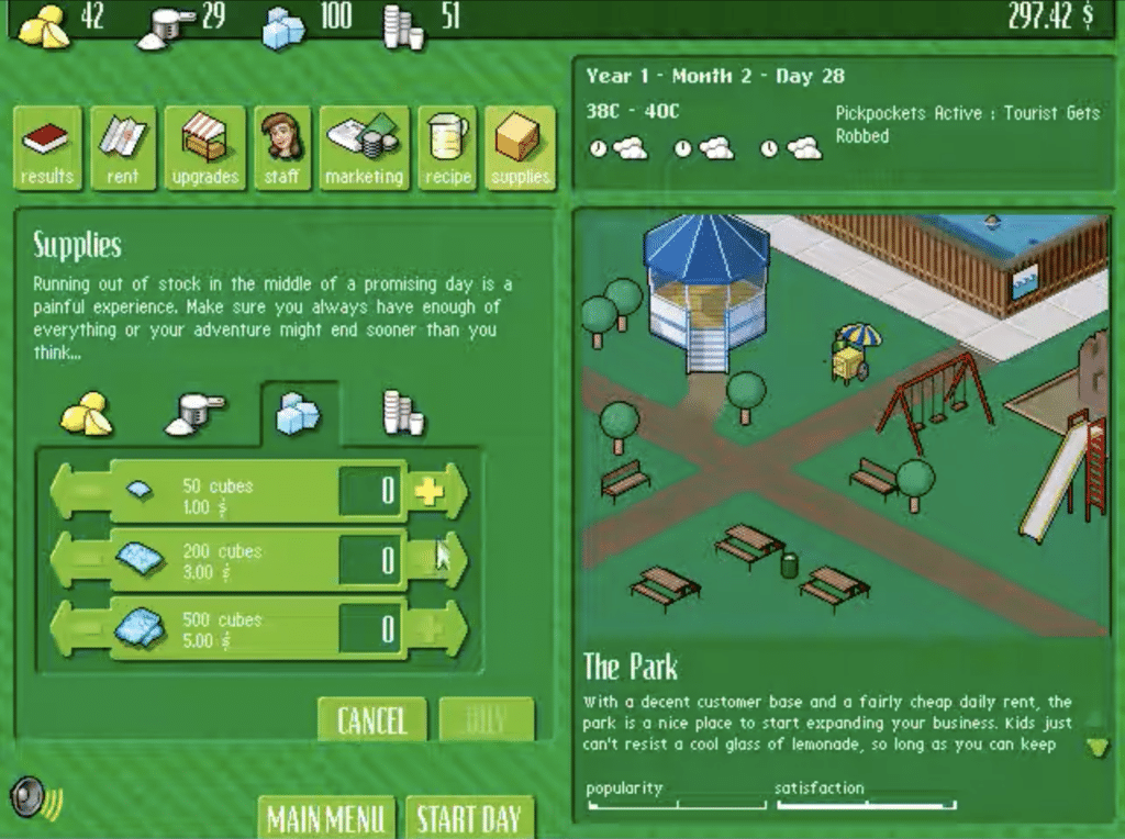 Screenshot aus Lemonade Tycoon: Der Spieler verwaltet Vorräte, Rezept und Verkaufsstand in einem Park – Fokus auf Wirtschaft und Strategie.