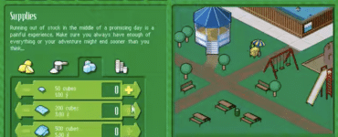 Skærmbillede fra Lemonade Tycoon, hvor spilleren administrerer lager, opskrift og salgsbod i en park med fokus på økonomi og strategi.