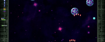 Gameplay fra Warblade – klassisk arcade shoot’em up-spil med rumskib, fjender, laserskud og score-visning på skærmen