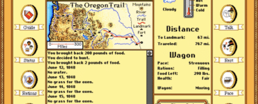 Skærmbillede fra Oregon Trail Deluxe, hvor spilleren styrer en nybygger-karavane gennem USA i 1800-tallet med kort, status, jagt, handel og overlevelsesvalg undervejs mod Oregon.