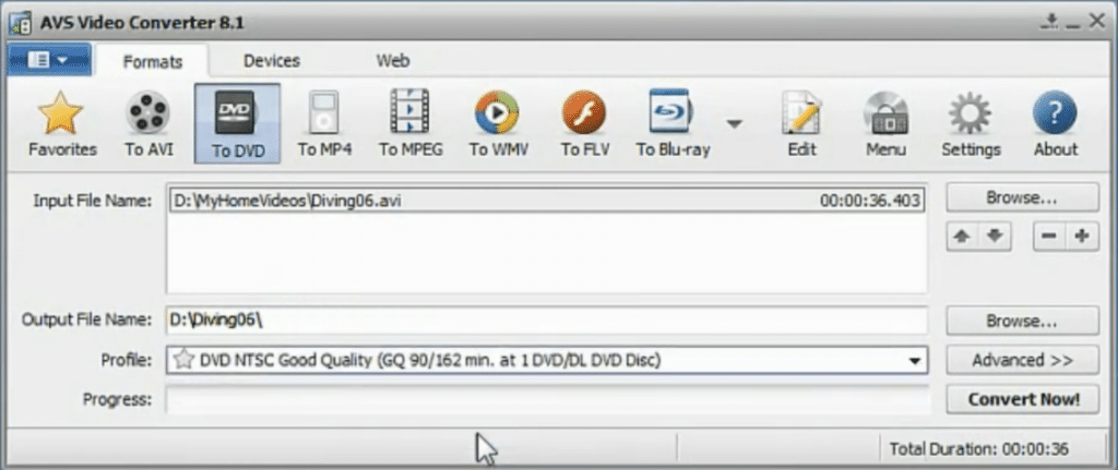 Skjermbilde av AVS Video Converter i Windows hvor en AVI-videofil er valgt for konvertering til DVD, med profilinnstillinger, redigering og knappen «Convert Now».