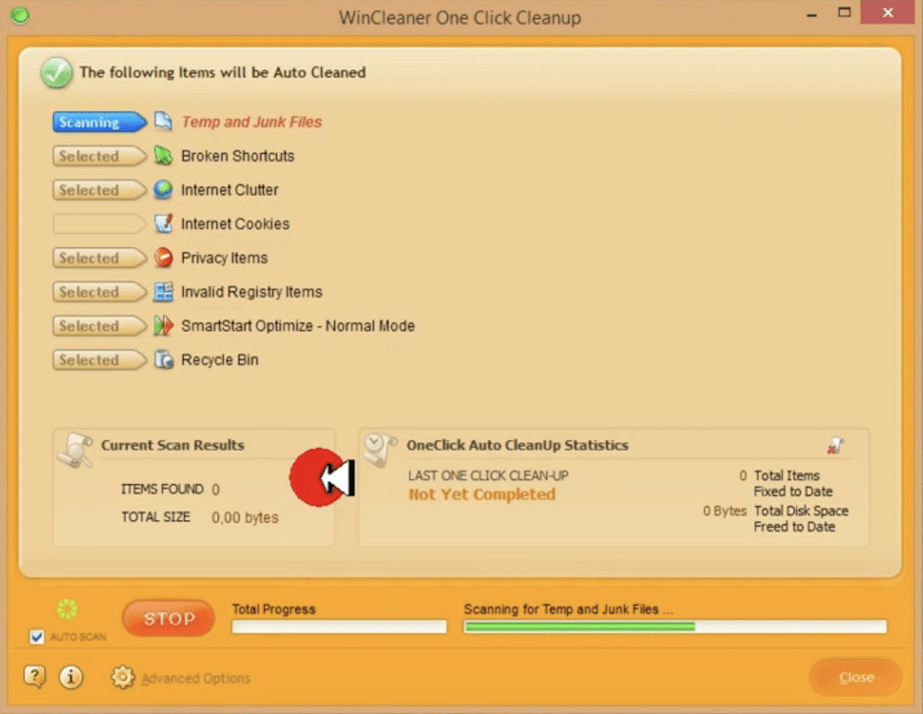 Screenshot von WinCleaner One Click Cleanup unter Windows, das nach temporären Dateien und Junk-Dateien scannt – als Teil einer automatischen Ein-Klick-Bereinigung.