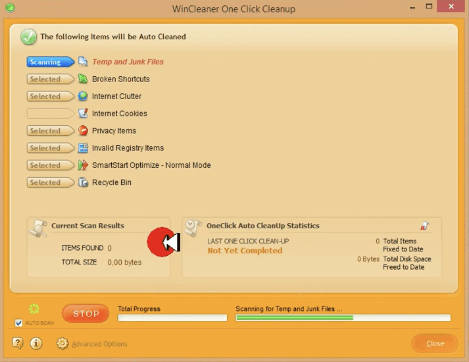 Screenshot von WinCleaner One Click Cleanup unter Windows, wo das Programm nach temporären Dateien und Junk-Dateien scannt – als Teil einer automatischen Ein-Klick-Bereinigung.