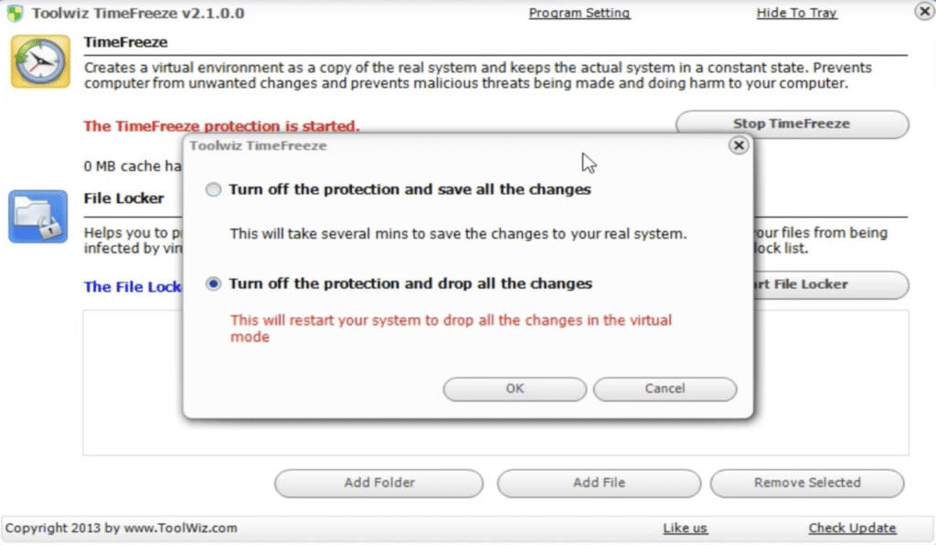 ToolWiz Time Freeze zeigt aktiven Systemschutz in Windows mit einem Popup-Fenster, in dem der Nutzer wählen kann, Änderungen nach der virtuellen Sitzung zu speichern oder zu verwerfen.