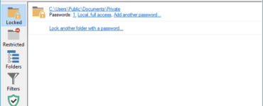 Skærmbillede af Folder Guard hvor en mappe er låst med adgangskode i Windows