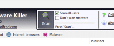 Skærmbillede af Ultra Adware Killer på Windows, hvor programmet viser scan-knap og faner til programmer, autostart, internetbrowsere og malware