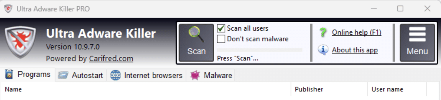 Screenshot von Ultra Adware Killer unter Windows, das die Scan-Schaltfläche und Tabs für Programme, Autostart, Internetbrowser und Malware zeigt