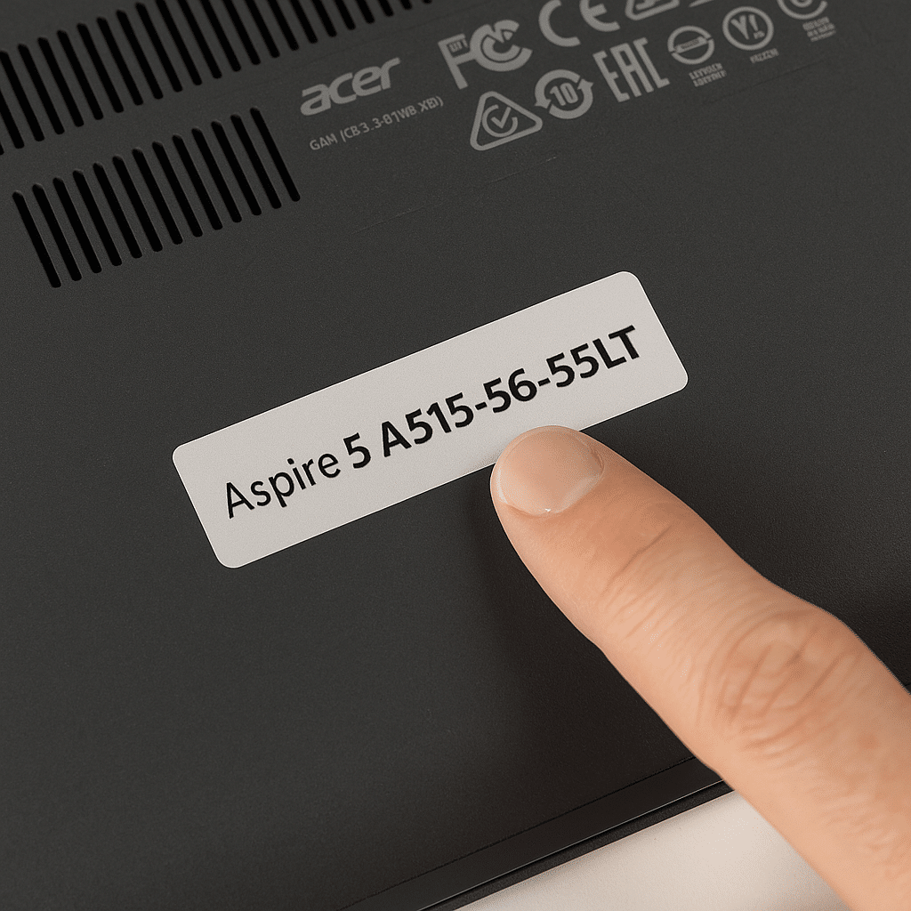 Et nærbillede af undersiden af en Acer-laptop, hvor en finger peger på et hvidt mærkat med modelnummeret "Aspire 5 A515-56-55LT".