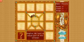 Skærmbillede fra testen af 10 Talismans, der viser det gyldne spillebræt, talisman-fragmentet i midten og klassisk orientalsk UI med spillets Play- og Back-knapper.