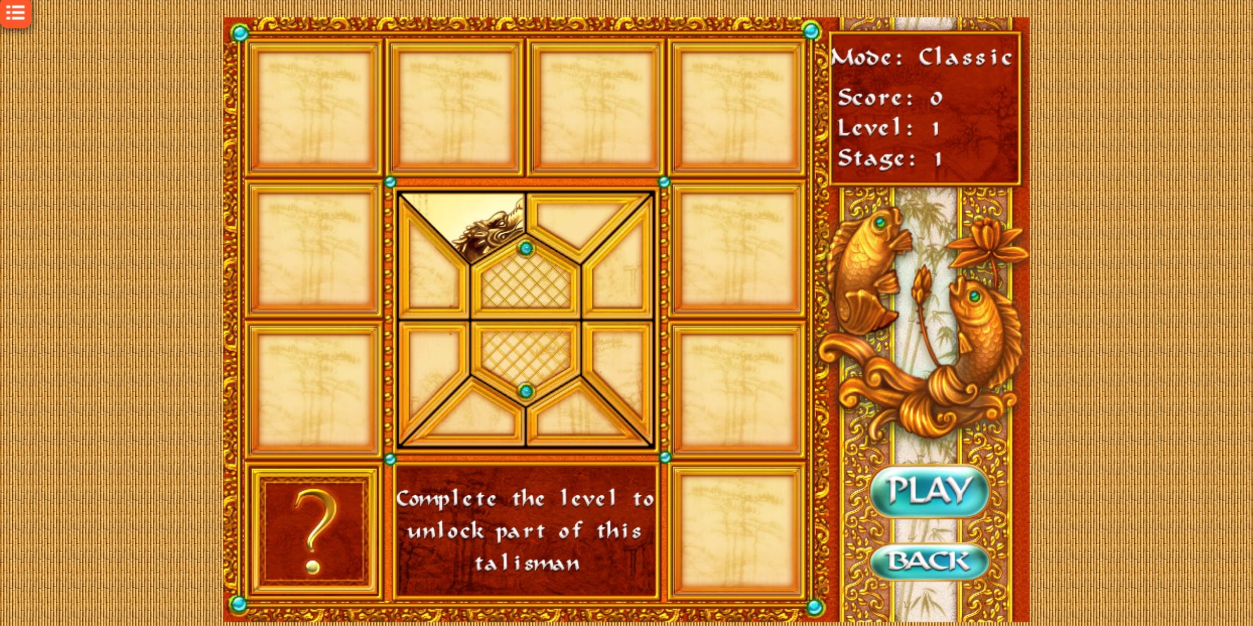 Screenshot from the review of 10 Talismans, showing the golden game board, the talisman fragment in the center, and a classic Asian-themed UI with the game's Play and Back buttons.