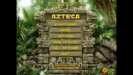 Menu-skærmbillede fra Azteca med aztekisk stenpanel, der viser startknapper som Start Game, Options og How to Play omgivet af tæt jungle.