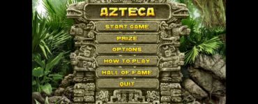 Menu-skærmbillede fra Azteca med aztekisk stenpanel, der viser startknapper som Start Game, Options og How to Play omgivet af tæt jungle.