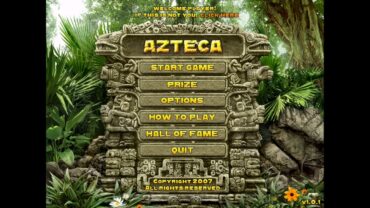 Menu-skærmbillede fra Azteca med aztekisk stenpanel, der viser startknapper som Start Game, Options og How to Play omgivet af tæt jungle.