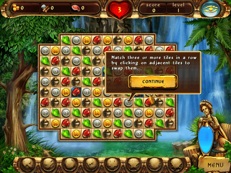 Skærmbillede fra Cradle of Rome, hvor vi får en tutorial-besked midt på et farverigt Match 3-bræt med symboler som mønter, bladfliser og mariehøner, omgivet af et frodigt jungle-tema.