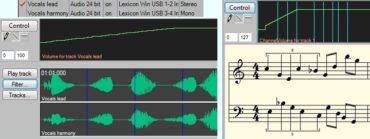 Skærmbillede af Anvil Studio med MIDI-noder og audio-bølgeformer, der viser redigering af musikspor og MIDI-komposition i programmet