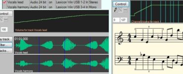 Skærmbillede af Anvil Studio med MIDI-noder og audio-bølgeformer, der viser redigering af musikspor og MIDI-komposition i programmet