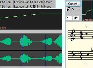 Skærmbillede af Anvil Studio med MIDI-noder og audio-bølgeformer, der viser redigering af musikspor og MIDI-komposition i programmet