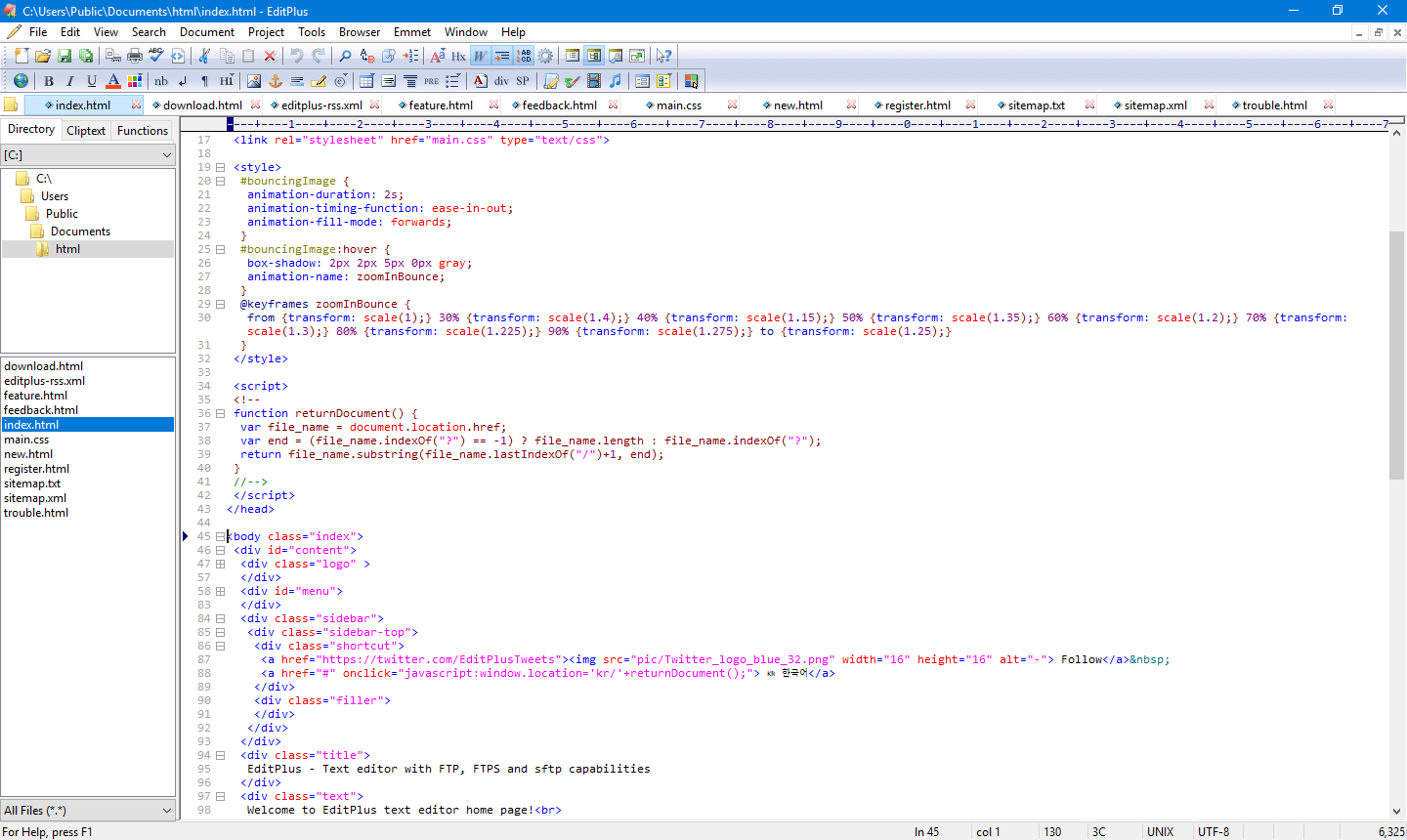 EditPlus Text Editor Oberfläche mit HTML- und CSS-Code-Bearbeitung unter Windows