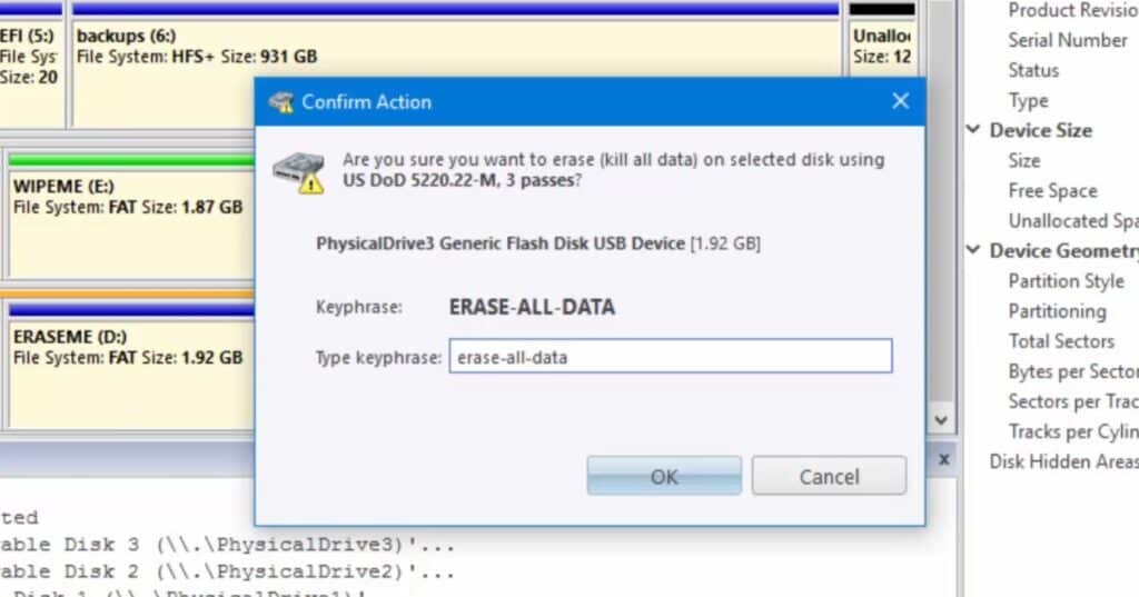 Active KillDisk viser bekreftelsesvindu for permanent sletting av USB-stasjon med DoD 5220.22-M-metode og flere overskrivinger