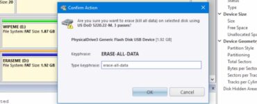 Active KillDisk viser bekræftelsesvindue for permanent sletning af USB-drev med DoD 5220.22-M metode og flere overskrivninger