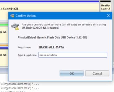 Active KillDisk viser bekræftelsesvindue for permanent sletning af USB-drev med DoD 5220.22-M metode og flere overskrivninger