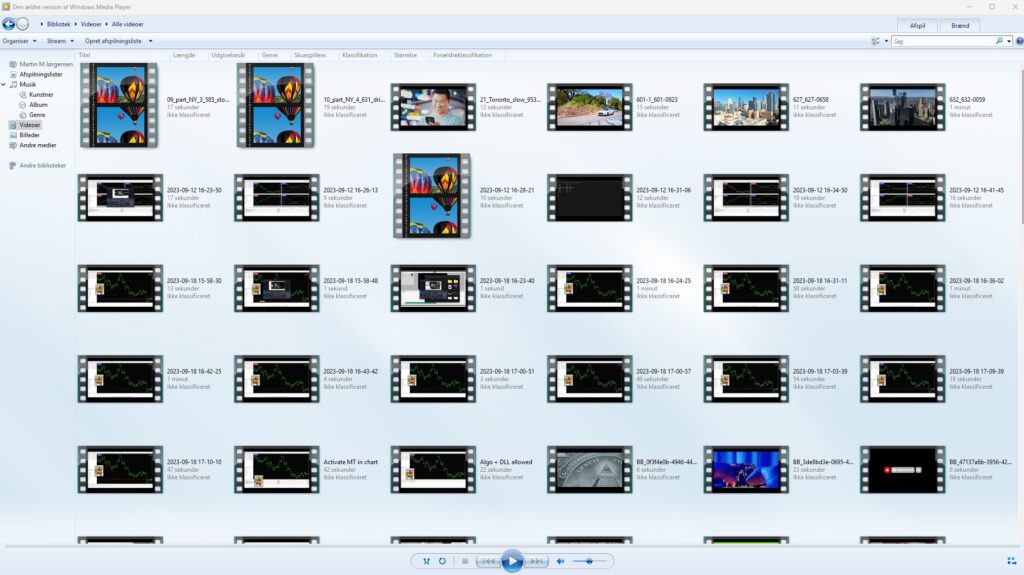 Oversigtsbillede fra Windows Media Player over tilgængelige videoer.