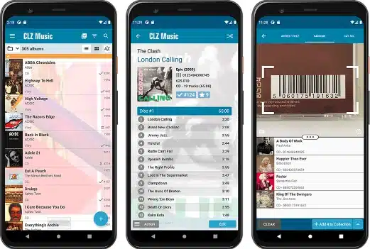 CLZ Music mobile app showing music library, album details, and barcode scanning for cataloging CDs and vinyl
