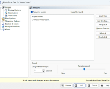 gPhotoShow Free brugerflade hvor man vælger billedmapper, justerer slideshow-hastighed og overgangseffekter til screensaver i Windows