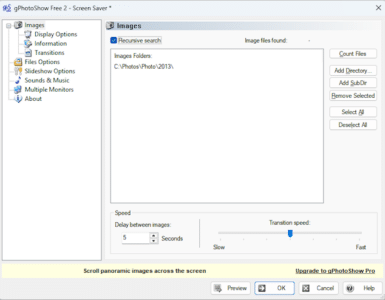 gPhotoShow Free brugerflade hvor man vælger billedmapper, justerer slideshow-hastighed og overgangseffekter til screensaver i Windows