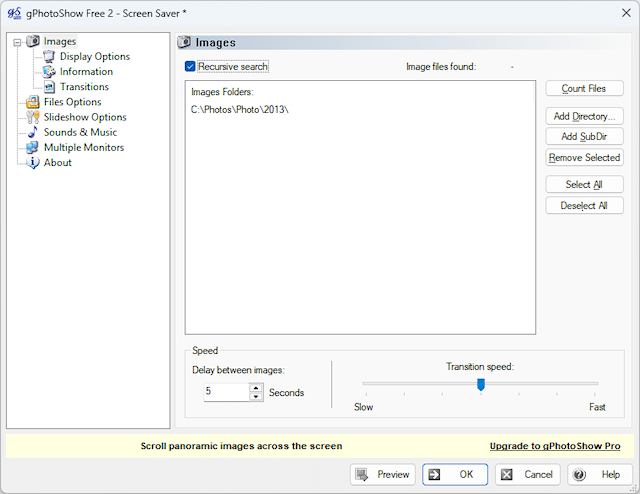 gPhotoShow Free Benutzeroberfläche, in der man Bildordner auswählt, die Diashow-Geschwindigkeit und Übergangseffekte für den Windows-Bildschirmschoner anpasst
