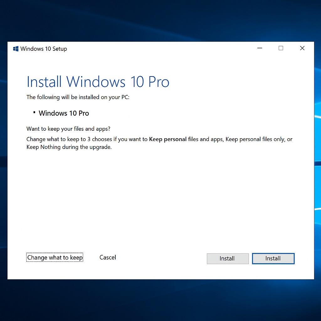 Skjermbilde av installasjonsvinduet for Windows 10 Pro via Media Creation Tool. Vinduet viser teksten