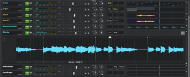 MultitrackStudio Lite brugerflade med multitrack musikprojekt, der viser lyd- og MIDI-spor, mixerpult, effekter og waveform-redigering på macOS
