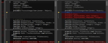 Skærmbillede af Beyond Compare, hvor to Delphi-kildekodefiler sammenlignes side om side med markerede forskelle og ændringer i tekst og funktioner