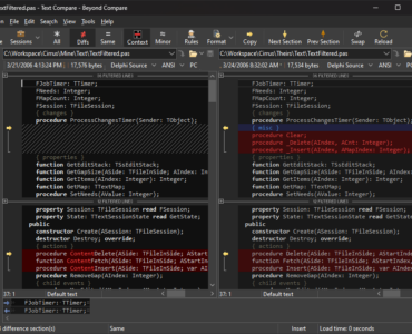 Skærmbillede af Beyond Compare, hvor to Delphi-kildekodefiler sammenlignes side om side med markerede forskelle og ændringer i tekst og funktioner