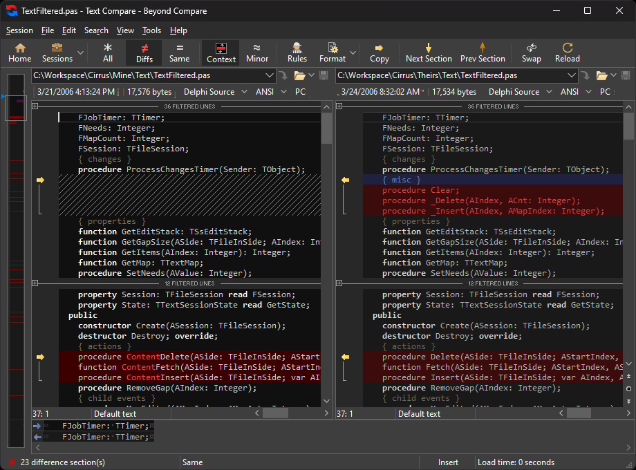 Skjermbilde av Beyond Compare, der to Delphi-kildekodefiler sammenlignes side om side med markerte forskjeller og endringer i tekst og funksjoner