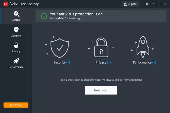 Screenshot af Avira Free Antivirus med status på computerens sikkerhedstilstand.