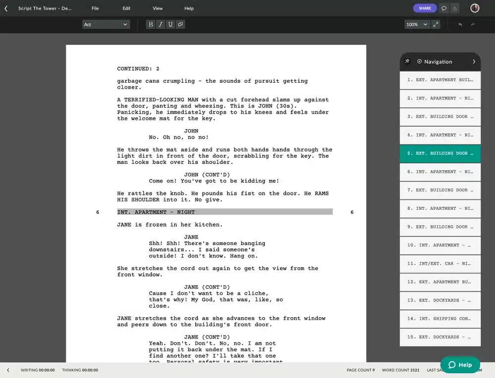 Celtx manuskripteditor i browseren med formateret filmscene og navigationspanel med sceneliste i højre side.