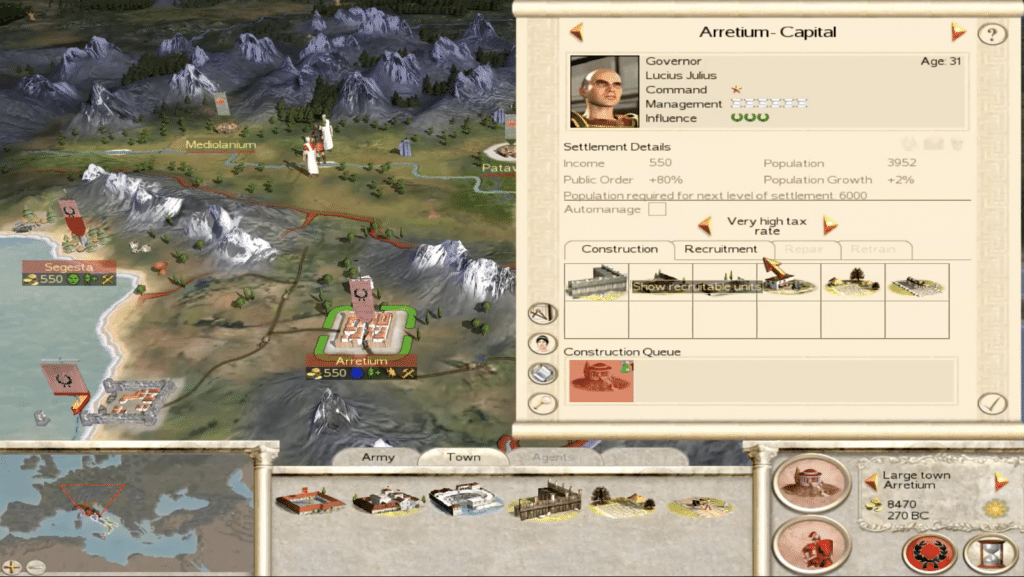 Screenshot from Rome: Total War showing city management and the strategic map with Roman provinces, armies, and economy in ancient Rome