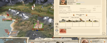 Skærmbillede fra Rome: Total War der viser bystyring og strategisk kort med romerske provinser, hære og økonomi i antikkens Rom