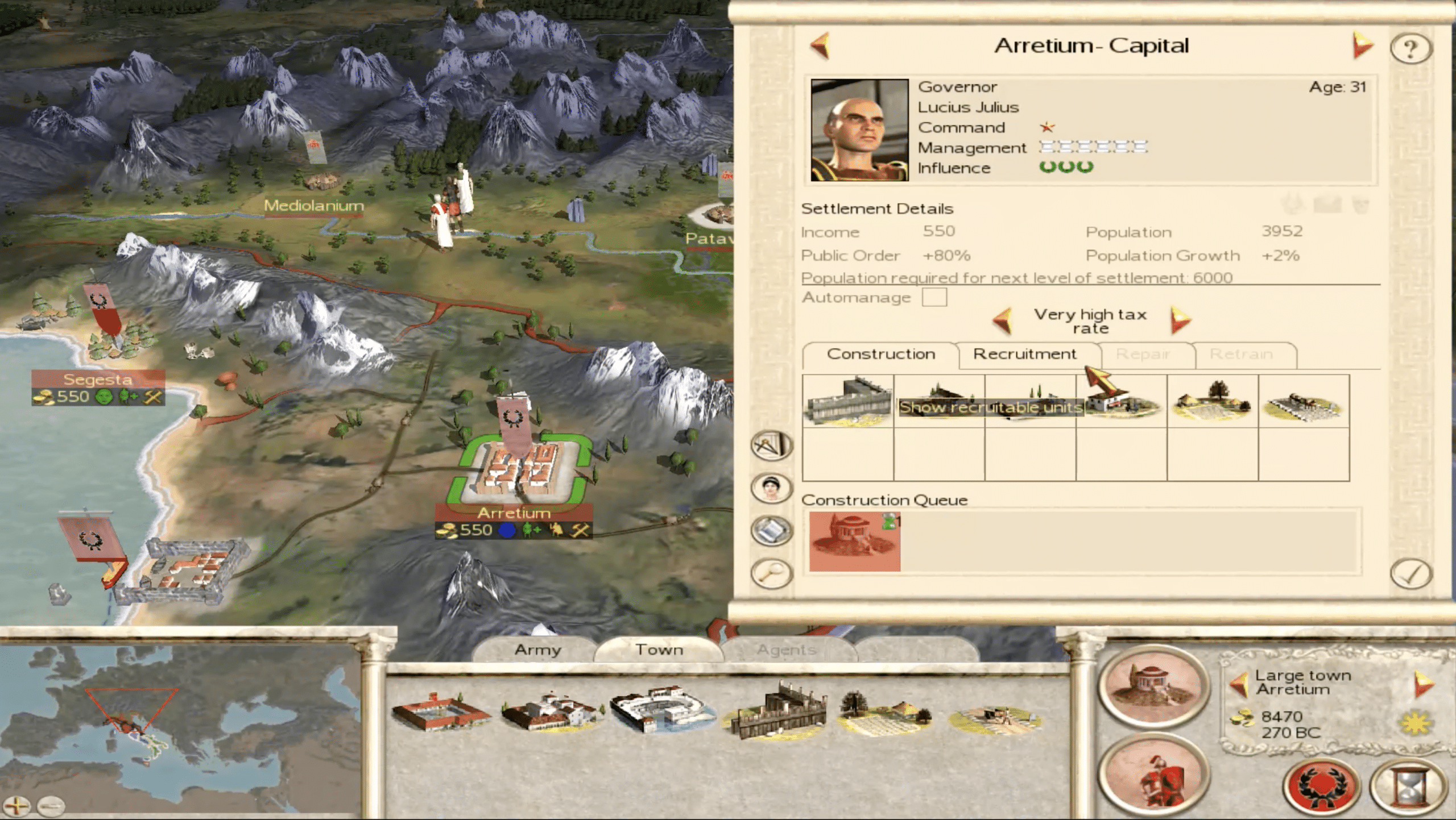 Screenshot aus Rome: Total War, das Stadtverwaltung und eine strategische Karte mit römischen Provinzen, Armeen und Wirtschaft im antiken Rom zeigt