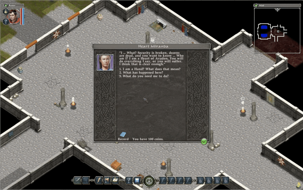 Avadon: The Black Fortress – dialogscene i isometrisk RPG med Heart Miranda i Black Fortress og taktisk oversigtskort