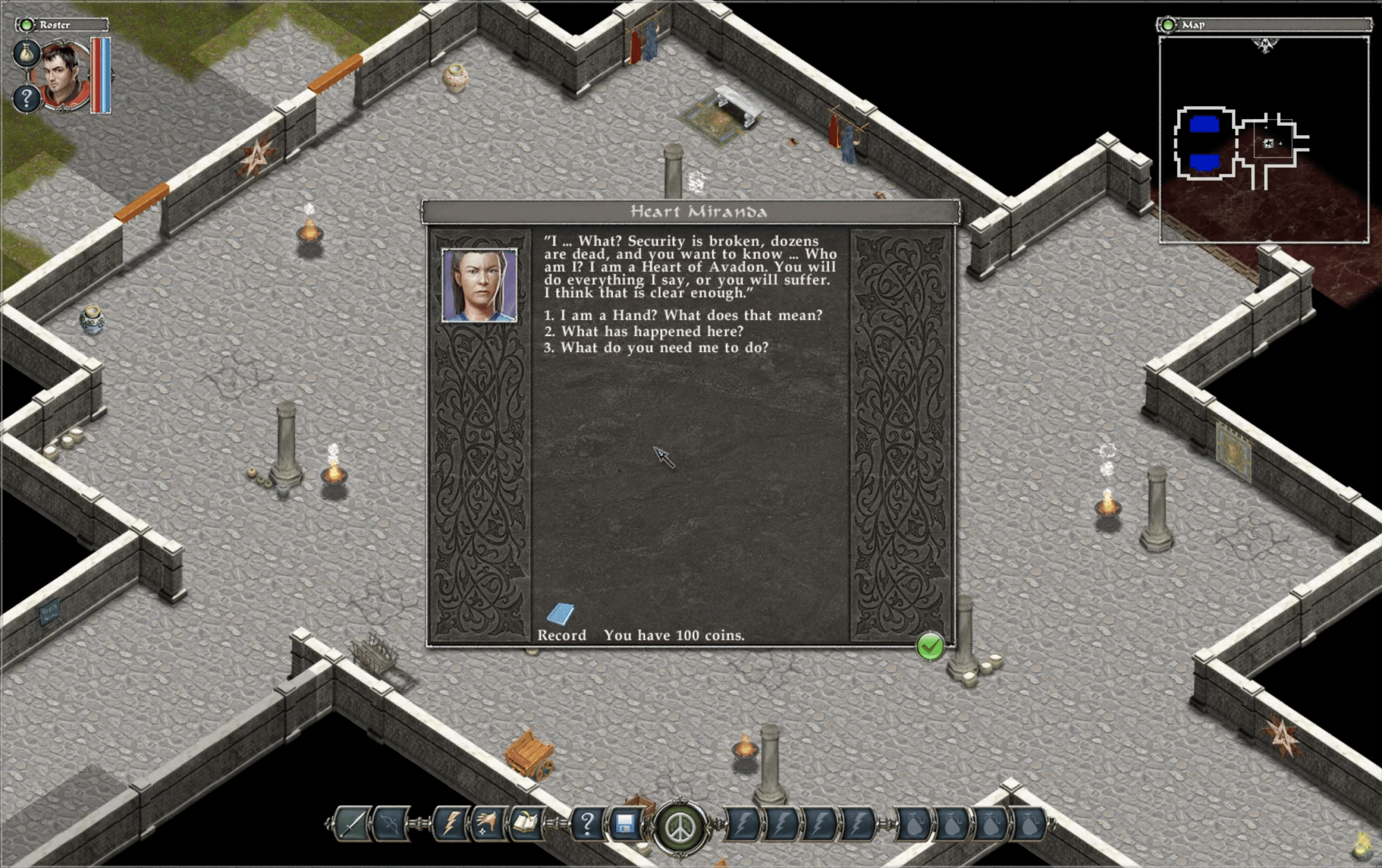 Avadon: The Black Fortress – Dialogszene in isometrischem RPG mit Heart Miranda in der Black Fortress und taktischer Übersichtskarte