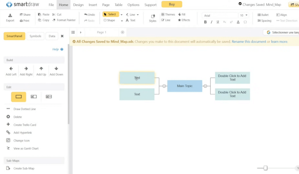 SmartDraw vist i brug med et mind map-layout, hvor hovedemnet står i midten og underemner tilføjes via SmartPanel i venstre side.