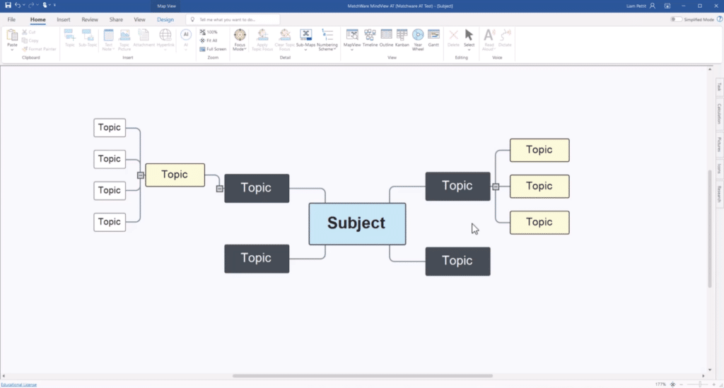 MindView with the mind map view open on Windows, where topics and subtopics are organized visually around a central topic